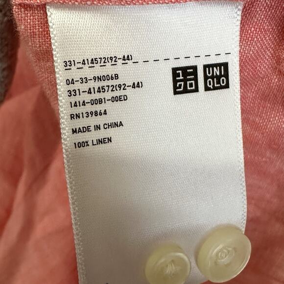 Uniqlo Linen Shirt Men Medium Collar Long Sleeve Button Preppy Pink Vacation - Picture 4 of 5